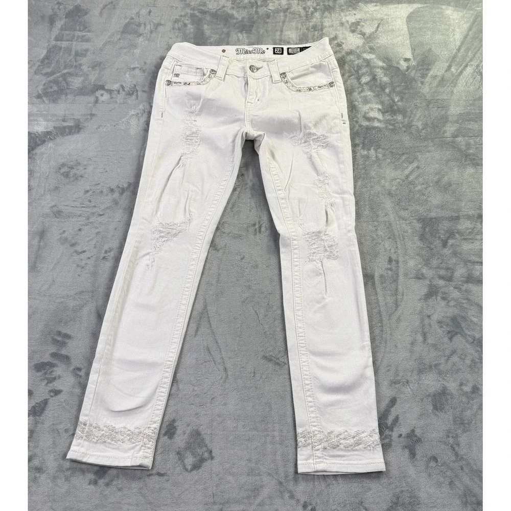 Miss Me White Skinny Jeans Womens 28 Signature Cuffed Rhinestone Distressed